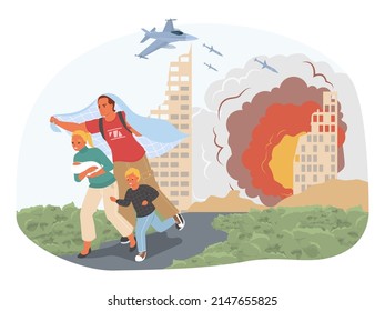 Family Fleeing Bombing. Mom, Dad And Little Children Over Burning House After Bomb Explosion. City On Fire. Horror Of War Concept