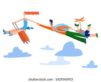 The family flies to Vacation , the girl saddled a suitcase and holds the hand of her husband and son and fly in the sky. Vector illustration in flat style.