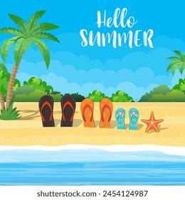 family flip-flops on the beach with the sea in the background. Vector illustration in flat style