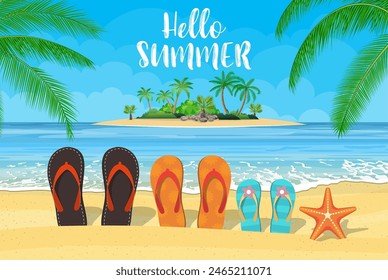 family flip-flops on the beach with the sea in the background. Vector illustration in flat style