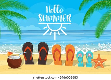 family flip-flops on the beach with the sea in the background. Vector illustration in flat style