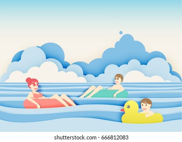 Family floating on the beach with beautiful sea background paper cut style vector illustration