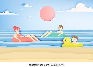 Family Floating On The Beach With Beautiful Sea Background Paper Cut Style Vector Illustration