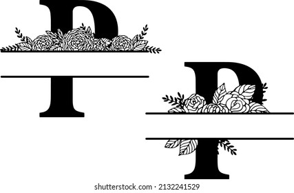 Family floral split monogram. Latin letter P with rose composition on white background