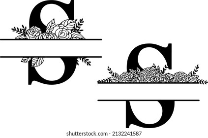 Family floral split monogram. Latin letter S with rose composition on white background