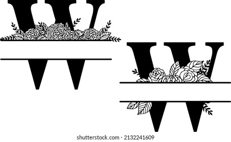 Family floral split monogram. Latin letter W with rose composition on white background