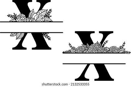 Family Floral Split Monogram. Latin Letter X With Rose Composition On White Background