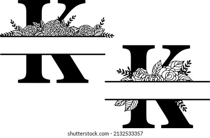 Family floral split monogram. Latin letter K with rose composition on white background
