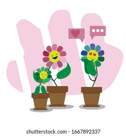 Family of сute flowers with emotions. Сartoon characters, vector illustration
