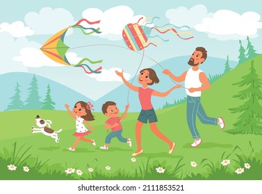 Family fly kites. Outdoor joint activity. Happy children and parents playing with air toys. Mom and dad walking together with son and daughter in park. Summer leisure