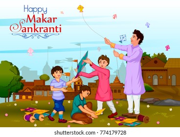 Family Flying Kite For Happy Makar Sankrant In Vector
