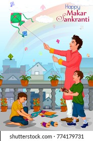 Family Flying Kite For Happy Makar Sankrant In Vector