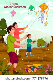 Family flying kite for Happy Makar Sankrant in vector