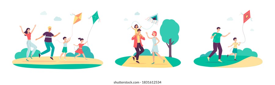 Family flying a kite in summer nature - cartoon parents and children having fun and playing with wind toy together in outdoor park, isolated vector illustration.