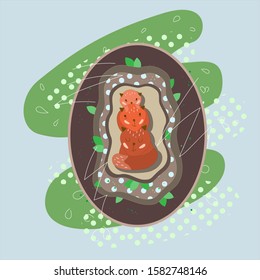 Family of flying squirrels sits in a hollow, cuddling in their house. Isolated stock vector on blue background, brown, green, orange colors. Doodle flat style for prints, mugs, postcards, t shirt 