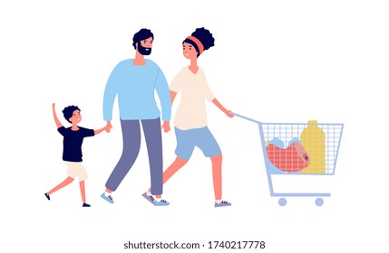 Family food shopping. Man woman boy with cart. Flat grocery store customers, isolated people with fresh products vector illustration