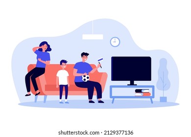 Family of football fans watching game on TV together. Mother, father and son cheering for soccer team from home flat vector illustration. Support, sports concept for banner or landing web page