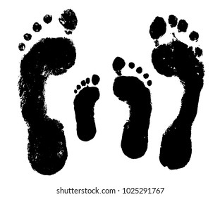 Family footprint, foot imprint of a man, a woman, a child. Vector silhouette on white background