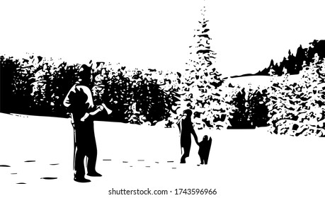 family in the forest looking for christmas tree