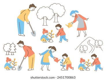 A family of four about to plant a tree seedling_color