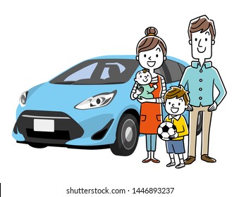 family of four and car