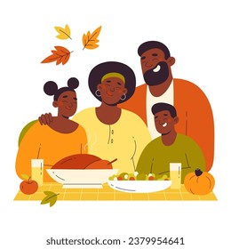 Familia de cuatro personas celebrando la fiesta de Acción de Gracias con cena de pavo en casa. Ilustración vectorial de caracteres de estilo plano.