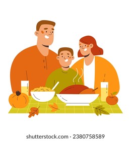 Family of four celebrating Thanksgiving holiday with turkey dinner at home. Flat style people characters vector illustration. 