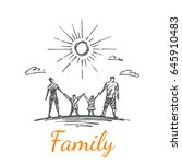 A family of four. Clouds fly against the background. Vector concept illustration. Hand drawn sketch. Lettering family.