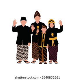 A family of four, dressed in traditional attire, stands together with raised hands.