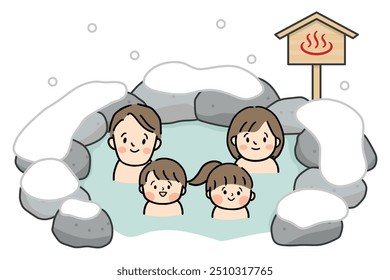 A family of four enjoying the snow-viewing open-air bath.
