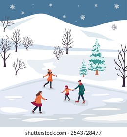 A family of four enjoys ice skating on a frozen pond surrounded by snowy hills, bare trees, and pine trees under a night sky with falling snowflakes. A serene winter landscape filled with joy.