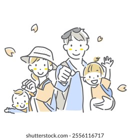 A family of four excited about going out - simple and stylish line drawing illustration