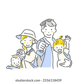 A family of four excited about going out - simple and stylish line drawing illustration