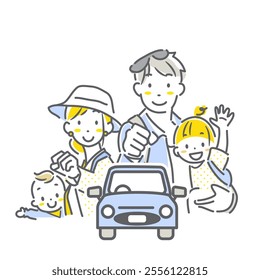 A family of four excited about going out - simple and stylish line drawing illustration