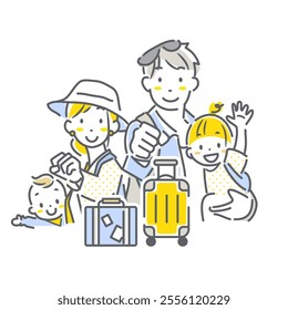 A family of four excited about travel - simple and stylish line drawing illustration