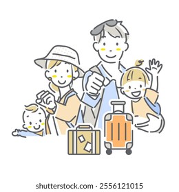 A family of four excited about trip - simple and stylish line drawing illustration