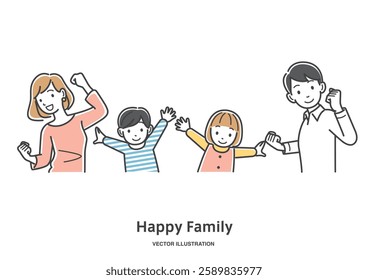 A family of four expressing joy with fist pumps