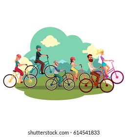 Familia de cuatro - padre, madre, hija, hijo - montando bicicletas, ciclismo en el campo, ilustración de los vectores de caricatura. Feliz familia de padres y dos niños en bicicleta, actividades de verano fuera