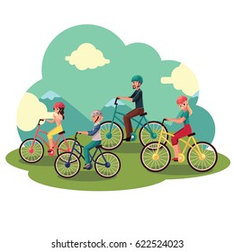 Familia de cuatro - padre, madre, hija, hijo - montando bicicletas, ciclismo en el campo, ilustración de los vectores de caricatura. Feliz familia de padres y dos niños en bicicleta, actividades al aire libre de verano