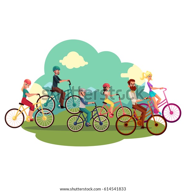 4人家族 父 母 娘 息子 自転車 田舎での自転車 漫画のベクターイラスト 楽しい両親と2人の子どもが自転車に乗る家族 夏の野外活動 のベクター画像素材 ロイヤリティフリー