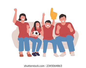 A family of four, a father, mother, son and daughter, are sitting together on a sofa, wearing red t-shirts, cheering for a sports team. flat vector illustration.