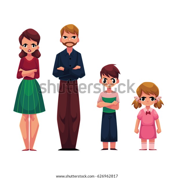 白い背景にしかめっ面をした 怒った顔をした表情をした4人の父 母 子 娘の家族 漫画のベクターイラスト 腕を胸に組み しかめっ面をして立つ家族 のベクター画像素材 ロイヤリティフリー
