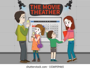 A family of four is going to a movie theater and checking their seat tickets.