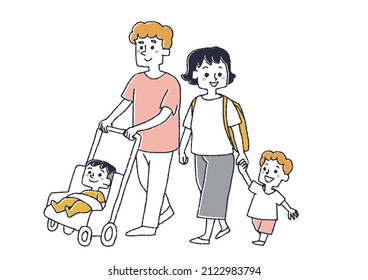  A family of four going out, a comical handwritten person illustration, a simple coloring on a vector line drawing, a white background