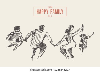 Family of four jumping together in the air, the concept of happiness, joy, freedom, hand drawn vector illustration, sketch