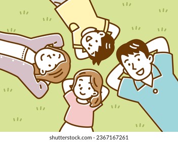 A family of four lying on the grassland