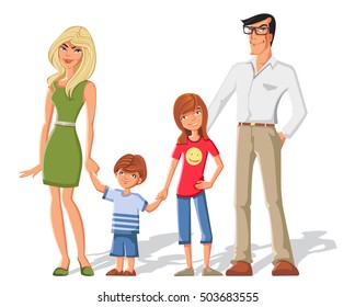 Family of four members cartoon style composition with funny characters of girl boy mother and father vector illustration