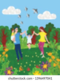 Family of four mother, father, son and daughter spend time together. Vector cartoon people having fun at summertime. Dad and mom, young boy and girl, green scenery