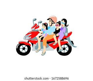family of four people on a moped, the most common form of transport in indonesia, vector illustration 