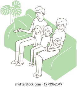 A Family Of Four And A Pet Dog Sitting On The Couch And Watching TV 